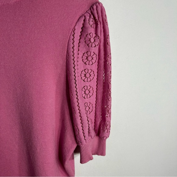 ontwelfth Floral Lace Puff Sleeve Ribbed Knit Short Sleeve Cotton Sweater Sz L - Picture 10 of 15